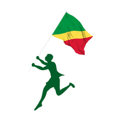 Vector illustration of man running and holding Republic of the Congo flag in hands on transparent background