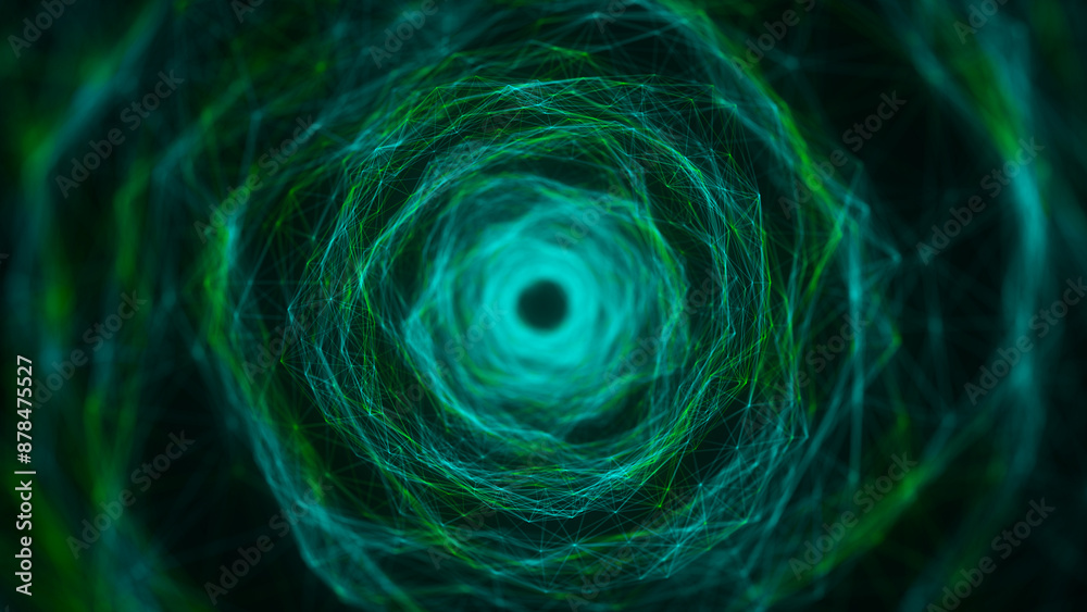Aufkleber Abstract 3d portal. Tunnel or wormhole. Digital background with connected green dots. 3d rendering.
