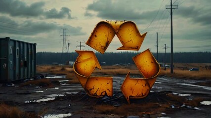 A 3D rendering of a large, rusty metal recycling symbol sits in a junkyard with shipping containers and telephone poles in the background. - Powered by Adobe