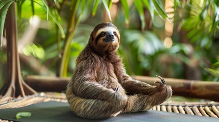 Fototapeta premium A sloth in a lotus pose, meditating on a yoga mat in a tropical setting