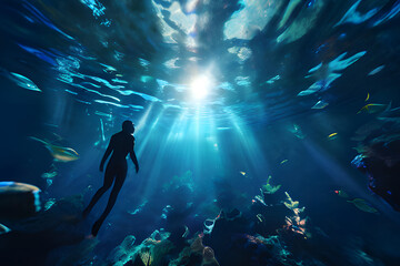 Obraz premium A low-angle perspective reveals an underwater dreamscape. Abstract shapes, reminiscent of thoughts and emotions, float and intertwine. This surreal scene invites exploration of the subconscious mind.