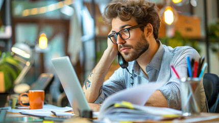 Young man working from home with a thoughtful expression, using a laptop and phone. Modern remote work lifestyle in a cozy, creative home office setting with a casual and relaxed vibe