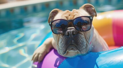 Cool bulldog wearing sunglasses floats in a pool.