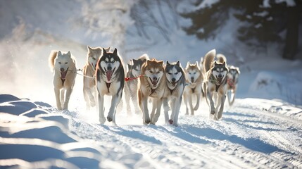 Sled Dog Team Racing through Snowy Arctic Landscape in Extreme Winter Expedition