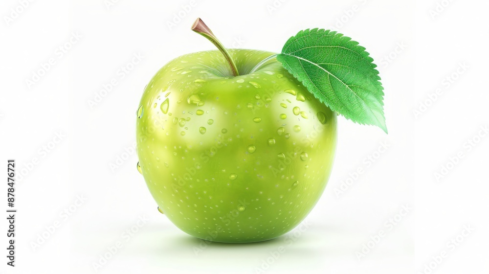 Wall mural Fresh Green Apple with Leaf and Water Droplets on White Background