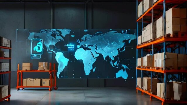 The video is of a warehouse with a world map on the back wall. The world map is blue and has a glowing effect. There are shelves on both sides of the warehouse with boxes on them.