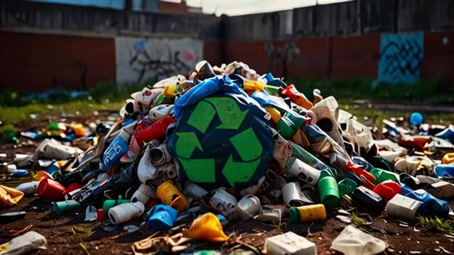 A large pile of colorful plastic cups and bottles with a green recycle logo in front of it.