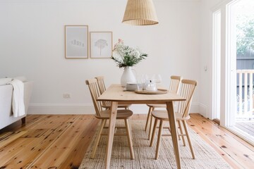 Minimalist Scandinavian Dining Room Featuring Light Wood Furniture and Neutral Decor