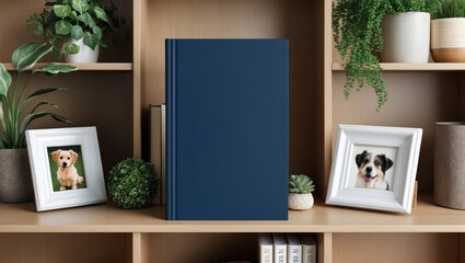 Blank Book Cover Mockup on a Bookshelf with Decorative Items