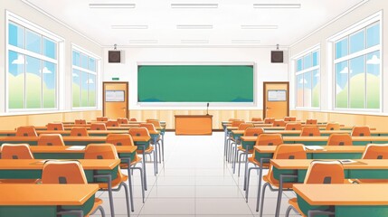 Bright and spacious empty classroom with rows of colorful desks and chairs, large windows, and a green chalkboard.