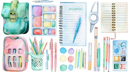 A vibrant illustration of various school supplies including notebooks, pens, paints, and a backpack, perfect for educational or artistic themes.