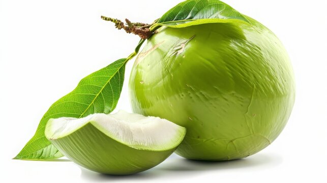 Fresh Green Wood Apple (Limonia Acidissima) with Slice and Leaf, Isolated on White Background