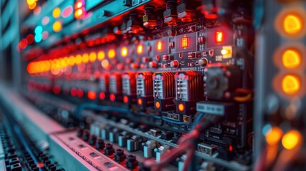 The electric wire behind the control board with lighting effect,Industrial Electrical Concept.
