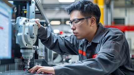 A technician using advanced software to control and optimize robotic manufacturing processes.