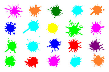 Color paint splatter. Colorful ink stains, abstract paints splashes and wet splats. Watercolor or slime stain vector set. Colorful stain and splash, splat messy, inkblot splashing illustration
