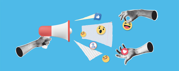 Megaphone with emojis. Halftone loudspeaker, trendy retro collage, vintage megaphone for announcing promotion. Announcement banner of news, sales. Loudspeaker announces