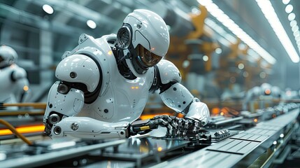 Fototapeta premium Robots handling delicate materials in a controlled manufacturing environment.