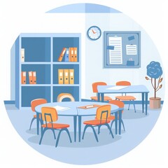 Illustration of a bright classroom with desks, chairs, and bookshelves. Organized educational space perfect for learning.