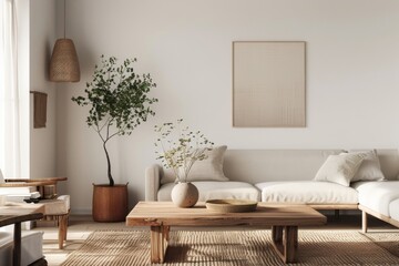 Serene Living Room Showcasing Warm Minimalism Featuring Natural Elements and Cozy Decor