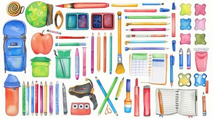 Colorful school supplies collection including pencils, pens, notebooks, and more. Perfect for back to school and educational projects.