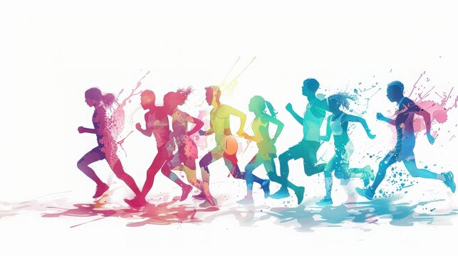 Colorful silhouette illustration of people running. Perfect for sports, fitness, and activity-themed designs. Energetic and dynamic image.