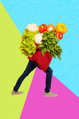 Vertical composite artwork collage image picture of mini legs carry walk big fresh vegetables...