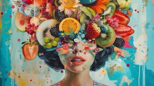 Brain overflowing with concepts, retro, vivid tones, collage, mixed media and eclectic elements