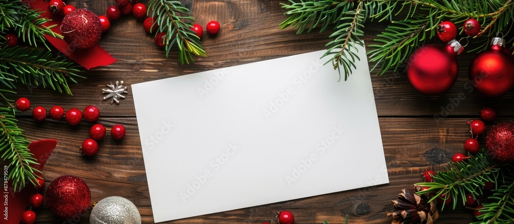 Poster christmas letter to santa claus displayed on a wooden table, surrounded by festive decorations and a
