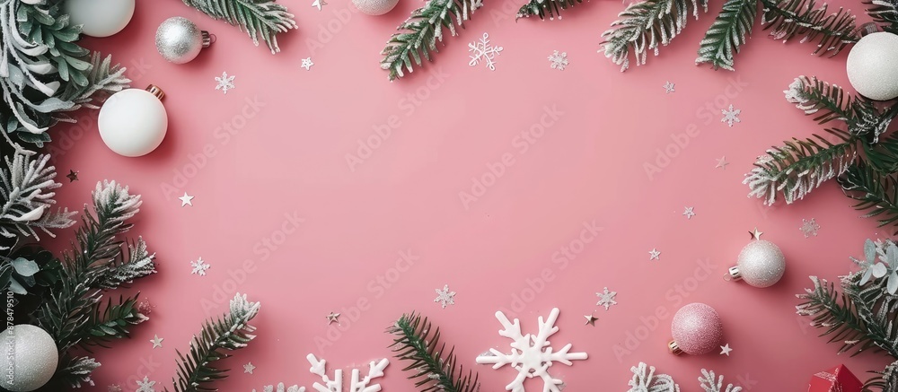 Poster christmas frame with fir branches, white decorations, star, and balls on a pink table for a festive 