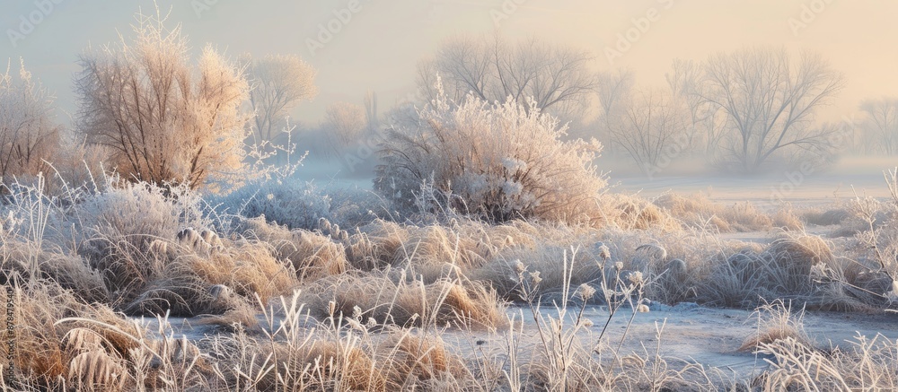 Poster An early morning scene featuring frost-covered dry bushes and grass in the countryside with plenty of room for additional elements in the image.
