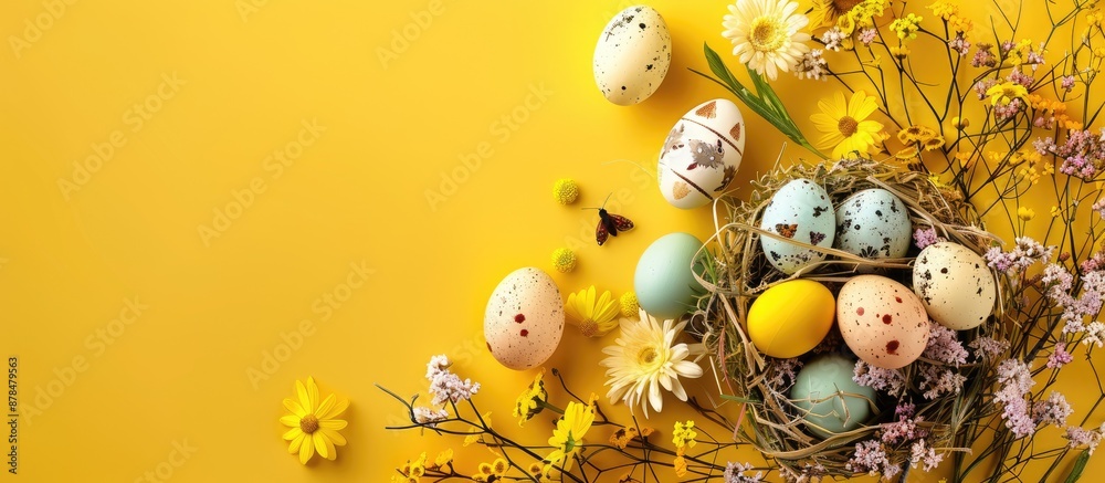 Poster easter themed design with yellow background, basket of eggs, spring flowers, and a space to add text