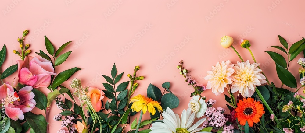 Poster artificial colorful flowers and plants with copy space image.