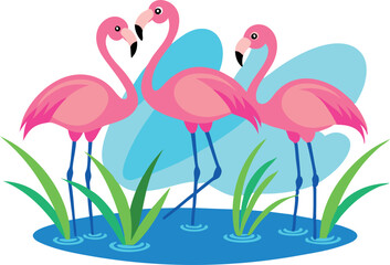 Obraz premium Illustration of three pink flamingos standing in water with abstract blue shapes in the background