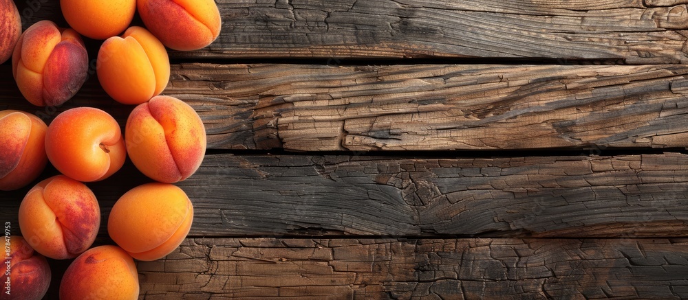 Poster Close-up shot of ripe apricots displayed on a wooden table with copy space image.