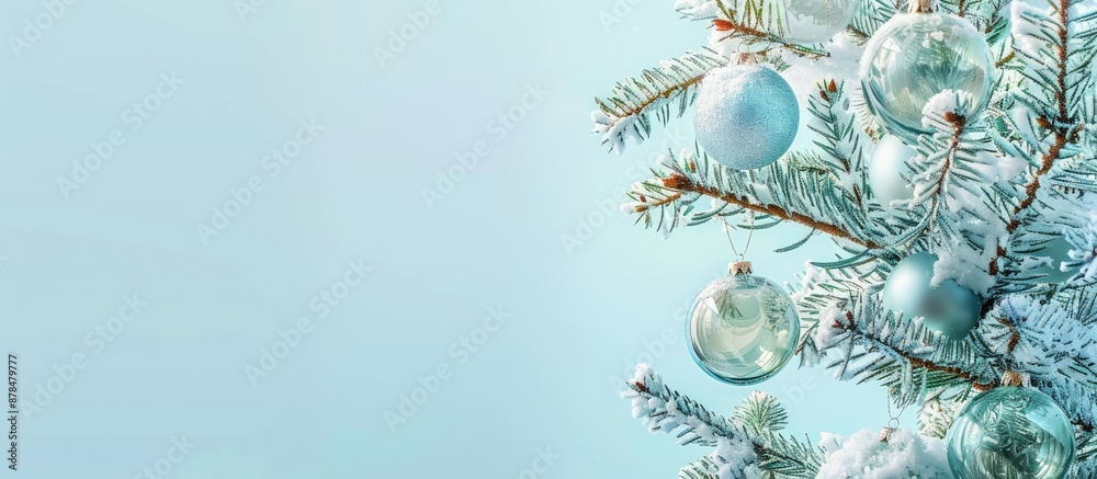 Poster christmas tree branch adorned with classic glass ornaments, set against a soft blue backdrop allowin