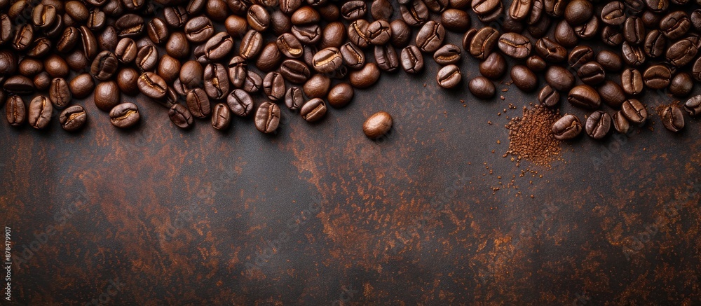 Poster Flat lay composition of freshly roasted coffee beans arranged on a brown table, offering ample copy space in the image for text. Close-up top view serves as the background.