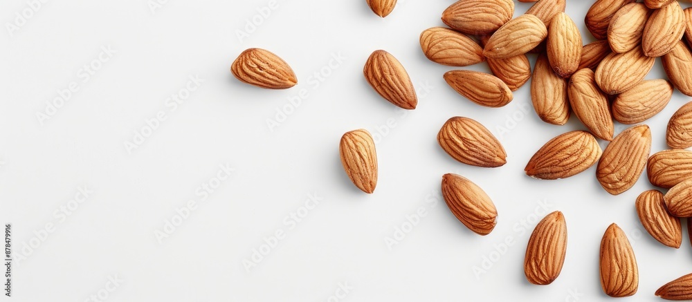 Aufkleber almonds neatly peeled, displayed on white backdrop with copy space image.