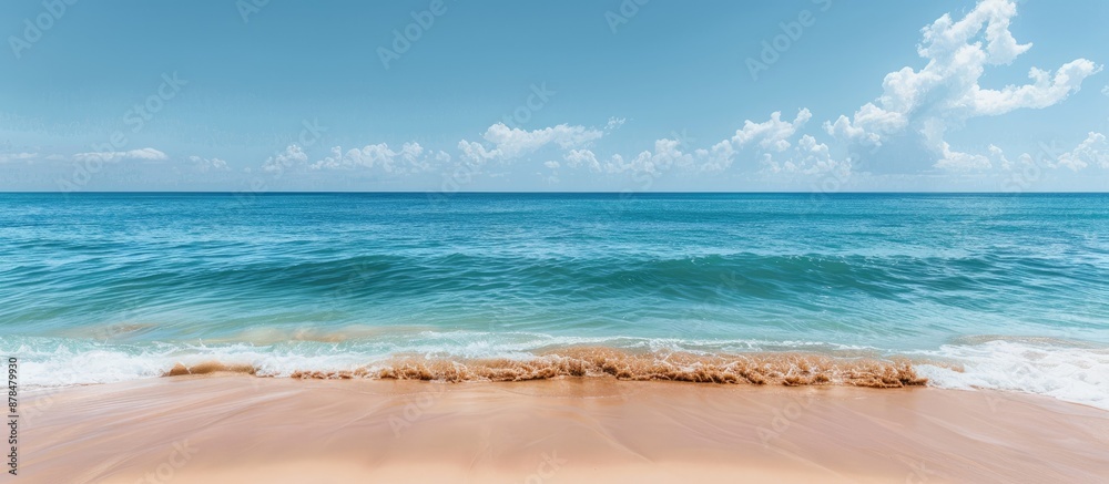 Poster Background portraying a serene beach with a tranquil ocean; ideal for copy space image.
