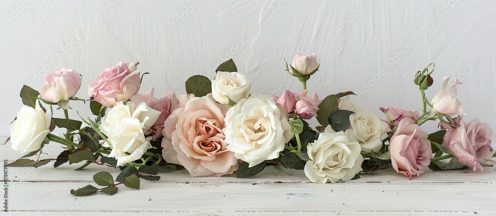 Poster eustoma and roses arranged on a white wooden backdrop with ample copy space image.