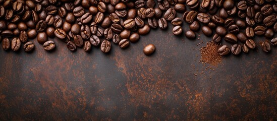Obraz premium Flat lay composition of freshly roasted coffee beans arranged on a brown table, offering ample copy space in the image for text. Close-up top view serves as the background.