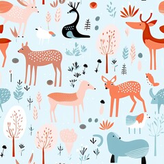 Cute Animal Seamless Pattern with Abstract Trees and Flowers.