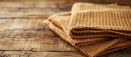 Brown kitchen towels on a wooden table, focusing on the cotton waffle fabric texture. It serves as a textile background or wallpaper in a close-up shot, offering ample copy space.