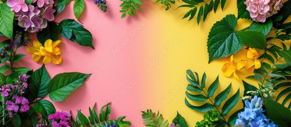 Poster Floral arrangement and forest elements adorn colored backdrop in a composition with copy space image.