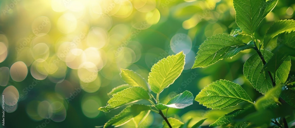 Poster Blurred natural green leaves in a summer setting with a vibrant bokeh effect, making it an ideal cover page copy space image in an ecological environment.