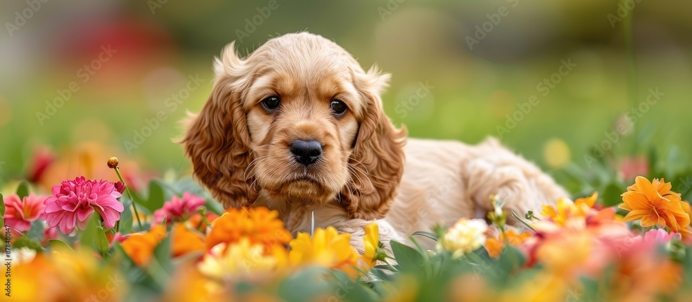 Poster an adorable english cocker spaniel puppy is seated charmingly amidst vibrant flowers in the image wi