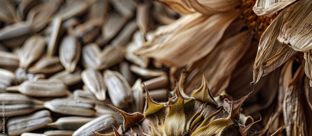 Poster Close-up macro background texture image of freshly harvested and dried sunflower head and raw seeds with copy space image.