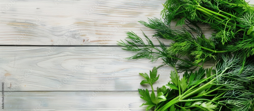Poster closeup of dill and parsley on a light wooden table creating a picturesque copy space image.