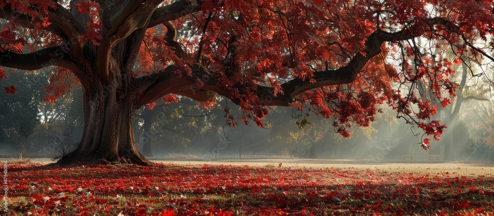 Poster Autumn park scene featuring a majestic old oak tree adorned with red foliage. Ample copy space image available.