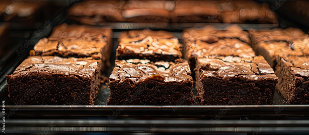 Aufkleber Brownies are neatly arranged on a black tray in a shelf with a copy space image for sale.