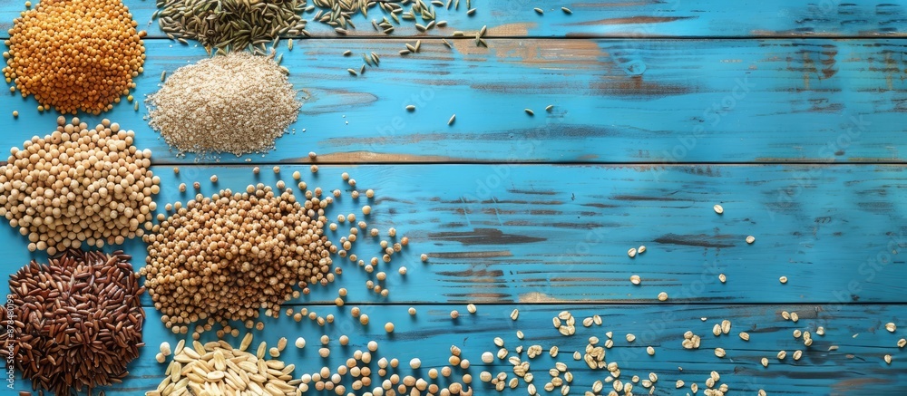Poster assorted grains on blue wooden backdrop, top view with copy space image.